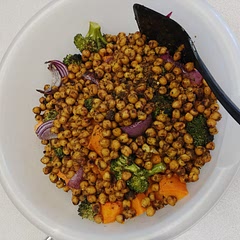 I skipped the kale because of personal preference. My kids all liked it well enough, but they didn't go back for seconds. We loved the veggies best. The broccoli was still crisp, but the potatoes were soft. I'm impressed that a vegetarian meal could taste this satisfying. I couldn't find tahini in the store, so I kinda made up my own from sesame seeds I had at home. Maybe because it was a home concoction, we found that we preferred the meal without the sauce.