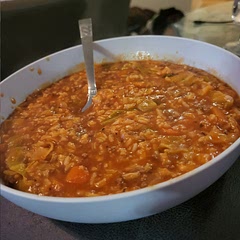 The only thing we did differently was
Teaspoon of Red chili flakes 
Tablespoon of thyme 
Teaspoon of cumin
Sub tomato sauce with paste
Generous with broth
Turned out 👍 
