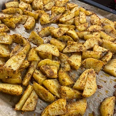 Maybe a little more experimenting. Mine didn’t get crispy from the oven only maybe if hold longer. Sesoning i winged it becausw i didnt use 2 potatos but more. Over all its a nice combo. My  partner likes a little spice ao i threw some chilli powder