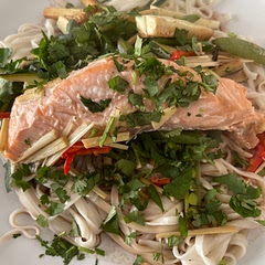 Added noodles to bulk out the dish. Also salmon may have only needed 15 minutes