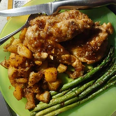 With home fries and asparagus. He gonna ask for this dish again.