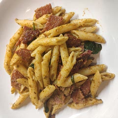 Added a couple of handfuls of spinach as suggested. Really quick and easy. With pesto, roasted tomatoes, and fried pepperoni, it ends up quite oily as a dish. You have been warned.