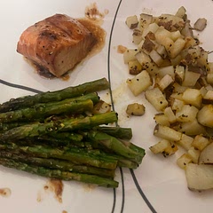 Marinated the salmon in bourbon bbq. Sprinkled asparagus and potatoes with lemon pepper seasoning. Super good and very light!