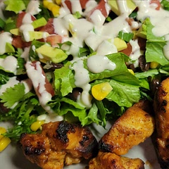 We've made this a few times and it's always a hit! In the summer we use leftover corn on the cob and in the winter frozen corn. We do cheat a bit on this by using whatever bbq we have on hand and basic ranch dressing.