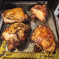 All the ingredients plus a little ranch & chicken rub seasoning. Added olive oil in the bag.

Preheated for 5 minutes
Cooked skin down for 15 min @ 380°
Flipped and cooked for 10 min
