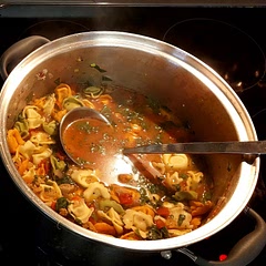 This is a classic in my husbanda family. We always at least double the tortellini; i used a 20oz package. Subbed vegetarian italian sausage for meat free 😋 