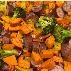 Added a few items, red onion and cayenne pepper for a touch of heat. Also blanched the sweet potatoes and broccoli prior to baking for a more even cook on everything.