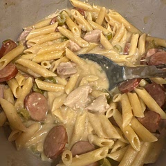 Not sure why the picture has it in a baking dish when no baking is required? 
The sauce didn’t evaporate as much as I would have liked - maybe recommend 3/4 of the liquid the recipe calls for. I would also recommend adding in a red bell pepper!