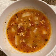 I used pre-chopped celery and onions I make ahead and keep in the freezer for these occasions, in an air tight container. I also used store bought pre-minced garlic in olive oil. To reduce the sodium load I only used two bottles of clam juice and 16 ounces of filtered water to make up the missing fluid. For someone on a sodium restricted diet it’s an improvement, but it stilled tasted pretty salty. This recipe does not over cook the potatoes or clams, leaving them  “Al Dente”. It was very good.