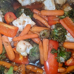 Used steamed broccoli I had in the freezer, baby carrots and I subbed in chicken breasts instead of thighs and doubled the sauce. Served over tri color quinoa.
I probably would use fresh broccoli the next time as it was a little bitter.
Had to cook it a little longer than 15 minutes, but chicken breasts usually takes longer to cook through.