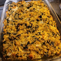 Didn't have a cast iron big enough, so I transferred to a casserole dish to bake. Drizzled lemon juice on top to serve. Also, maybe used way too much rice as the recipe doesn't specify whether it is 3 cups cooked or dry. Pretty good, easy to make, makes leftovers.