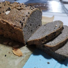 Added black sesame paste
Beat egg white until white but not stiff 
Used white miso instead of salt
Used chia seeds instead of flaxseed
Used tricolour quinoa, toasted, didn't wash
Grinded chia seeds, quinoa, coconut flakes
Consistency very thick, not flowy, thus added some almond milk and buttermilk, still not flowy after
Added black sesame seed and almond flakes on top
Baked for 30m
Waited 2h to cool

Taste good, able to eat on its own
Black sesame taste strong despite only added one small spoonful of bsp
Sesame seeds and almond flakes need to add within the batter, dropped off when cutting
Could be less dense

