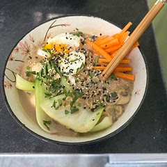 I added onions and garlic to the mushrooms to give the broth more flavour. Also added an egg, some protein and veggies