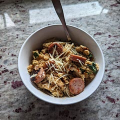 Used a couscous parmesan mix instead of regular  couscous and chicken apple sausage. Let the couscous cook for about 5-10 minutes. Could benefit from something fresh and crunchy. overall pretty good! 