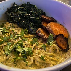 We forgot the cucumbers but it was still delicious! Broiled the sweet potatoes at the end so they got nice and crispy. Also sautéed the kale instead of roasting it.