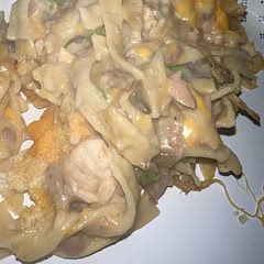 We’ve made this a few times! Tonight we did without the mushrooms, sautéed the onions before putting them into the casserole, used less cheese,  used low sodium cream of mushroom soup and added salt, pepper, garlic powder, and Tony’s.  So good.