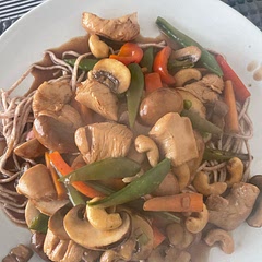 Used 2 chicken breasts for 2 people. No quantity of cashews given but just threw in a handful.