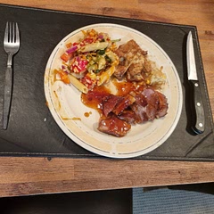 Zesty ltalian pasta salad, duck breast in l'orange sauce, side of kfc bowl. 
