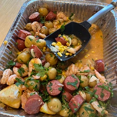Instead of individual foils I made it all together on the smoker. I didn’t have corn on the cob so used frozen corn kernels instead. I also substituted Slap Yo Mama Cajun seasoning for the Old Bay. So good!