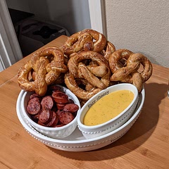 This is my go-to recipe for pretzels - I have made it at least 5 times and it's always a hit! I like to serve them with homemade nacho cheese sauce or a nice Dijon mustard.