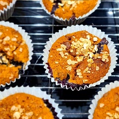 Wasn't able to find any eggs, so used 1/2 mashed banana instead. Also halved the blueberries and replaced the half with chocolate chips