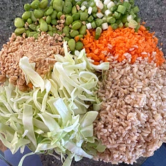 The dressing was too salty for my taste, in the future I will use regular soy. In addition to that, I added the juice of one lemon. My child will not eat quinoa, so I used brown rice.