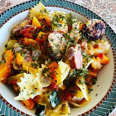 I added a whole red onion and only used 1/2 a butternut squash. It was a bit too soupy so I may cut back on the liquid a bit. I also subbed Rotel for the diced tomatoes.