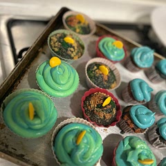 Added a generous tea spoon of pandan oil to half the batter and went for the marble effect, with cookie crumbs on top , or pandan icing !