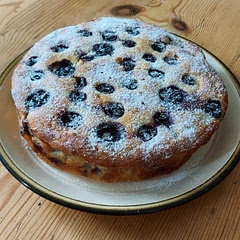 Used full fat Greek yoghurt instead of sour cream and only 350g of (frozen) blueberries as that was what I had. Very happy with the result. The cake is tender and moist and flavourful. Also delicious heated  in the microwave in individual slices and served with custard or ice cream. (Reminder for me: took a lot longer to bake than the stated times in my cool running oven despite upping the temperature to 200C.)