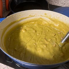 Immersion blended before adding back in the ham. I used ham steak and ham hock since I couldn’t find ham bone.