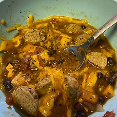 Added turkey balls, cooked in chicken broth & topped with sharp cheddar. Absolutely deliciously DELICIOUS 🤤 go to recipe for me❤️