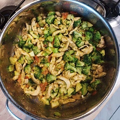 I absolutely adore the flavor of this meal. I've added some dried tomatoes and I'm sure some additional nuts wouldn't do too bad, also. I left out the stock and souteed the veggies instead of cooking, leaving the brocolli just a little crunchy. 