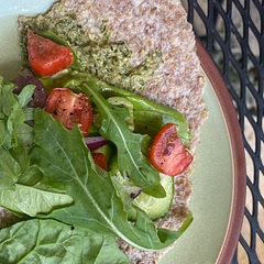 Used pesto Hummus! Phone didn’t eat first ha! Ezekiel wraps work well. Add basil and squeeze of lemon