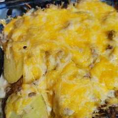 Pretty yummy I didn't have a whole hour and a half to bake so I sauteed the potatoes in a skillet until they were mostly done then I layered and baked for 20 minutes