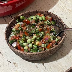 I added fresh mint with the dry mint and it was superb. Because of the tomatoes and cucumbers, it got watered down after sitting for a while, so next time i’ll try to drain the veggies before mixing them.