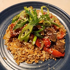 Added scallions [of course] as well as serving it over browned rice! Added rice wine vinegar and gochugang to the sauce!