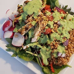 Used farro, radishes, and red onion. Used a power greens blend. Added salt and pepper in the dressing and on the chicken. 