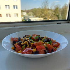 I changed the recipe a bit. I used chorizo instead of bacon. Moreover, after putting the corn and the butter in, I also added 2 sliced roma tomatoes. Finally, it is garnished with some spring onions (green part).
It came out so good, I absolutely recommend it with some crunchy bread.
