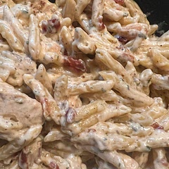 Took some liberties:  instead of rotisserie chicken, I fried some cubes chicken in the leftover bacon grease.  I dumped in a whole 16 oz box of mini penne, so I added some heavy cream (maybe 1-1 1/4 cup?) because it thickened up too much too fast.