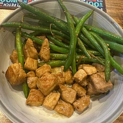 This will be great in the summertime with fresh Farmer’s Market green beans. I made a cornstarch slurry to throw in at the end to get the sauce to thicken. Probably could’ve gone longer on the green beans and pork bites too - they weren’t undercooked but could’ve used more color.