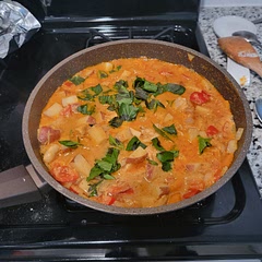 Added red potatoes for filler and to soak up the flavor. Used lemongrass as a substitute for kaffir lime leaves and was still delicious. Will make again.