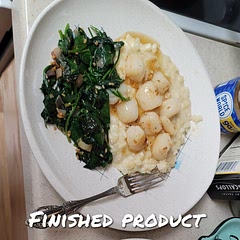 Changed it up a bit, used cauliflower rice for risotto and used butter, garlic, and shallots in the sautéed spinach. 10/10 recommend!
