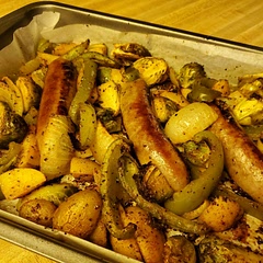 I've never roasted brats before and they come out great! I grilled for a few minutes first to get some color.  Next time I'll alter the veggies but I'll do it again.