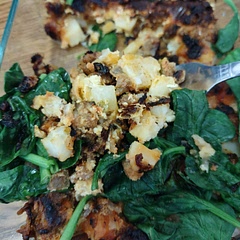 I added spinach to give it some color and vegetables. I also kinda burnt it. 😔 Frying the potatoes first would make it less mushy. This is more like a breakfast skillet and not an omelette. 8/10