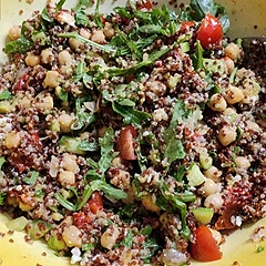 I used parsley, mint, and added avocado, chopped fresh tomatoes, cucumbers, no green onions and regular couscous.  I added lemon juice to dressing since the instructions didn't say and had to cook the couscous 15 mins.  It was delicious but took 50 minutes to make