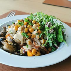 I adapted this recipe, and the base recipe was great inspiration. The tahini sauce is now a go-to (added Sriracha).
For the oven veggies, I also added bell pepper and the chopped up stalk of yesterday's broccoli. I fried up some garlic butter mushrooms and added greens. I also sautéed some red onion and carrot slices with a dash of soy sauce. Made a very filling meal. 