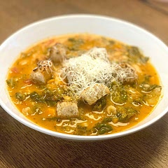 This was one of the best stews I ever ate!
I reduced the tomato & cream by half so it doesn’t take over, and it was still amazing!
I suggest not skipping on the croutons and parm!! If you have time, make you own, it’s really easy… just wow!