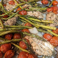 Left tomatoes whole, asparagus instead of green beans and added some onion. Agree with half on oil and vinegar. Threw some potatoes in the oven while prepping for a bigger meal.