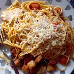Quite nice, I couldn't find any angle hair pasta so I used spaghetti instead, also added chicken for something extra. It was nice though it was a bit bland, next time I'll probably add more tomatoes of some extra spice to it.