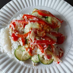 This was so easy to put together and so filling! I added red pepper and used halved cherry tomatoes. Season the veggies! Might consider cooking the onions a bit prior to adding to the dish to bake next time. Will make again.